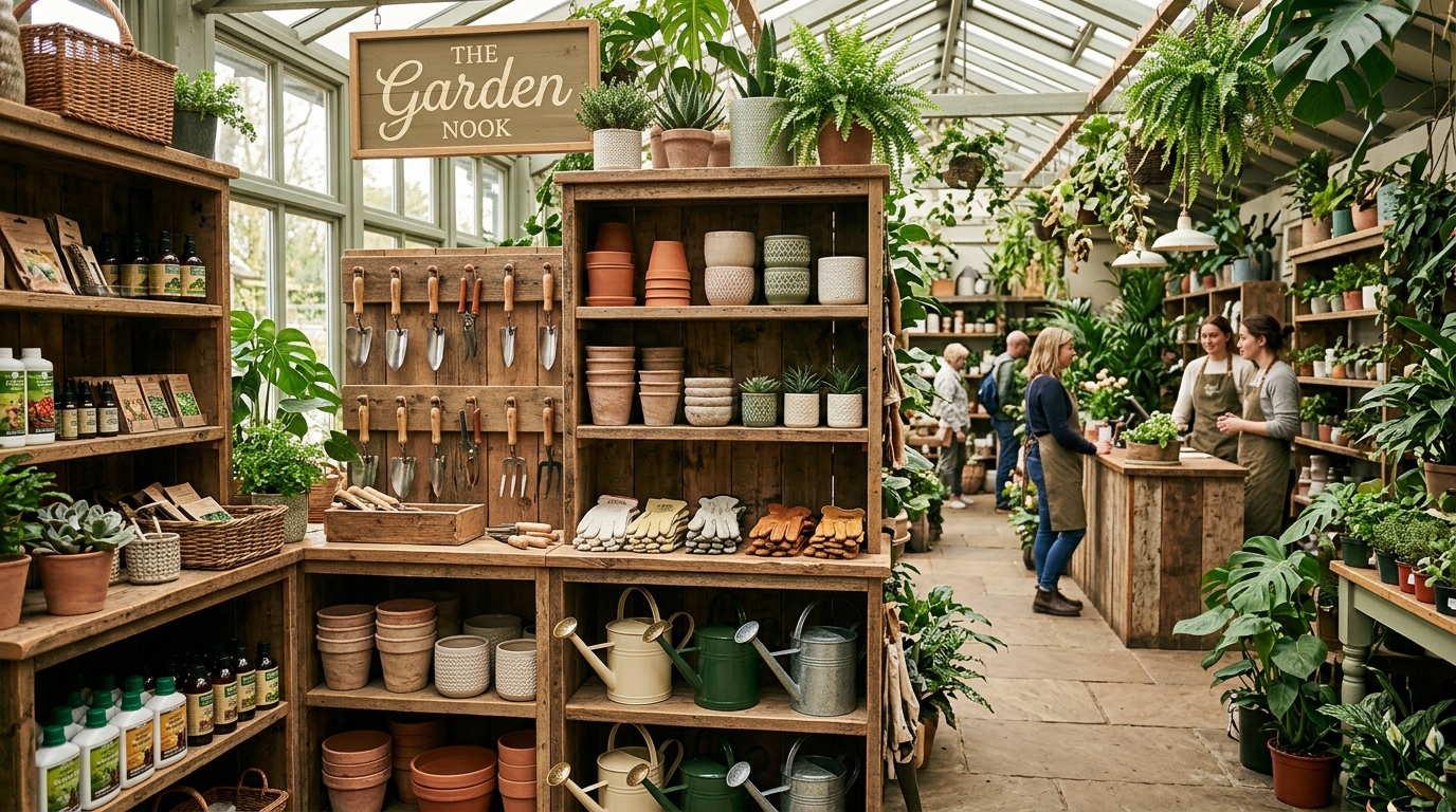 Dirty Boots Gardens shop interior with garden tools and plants